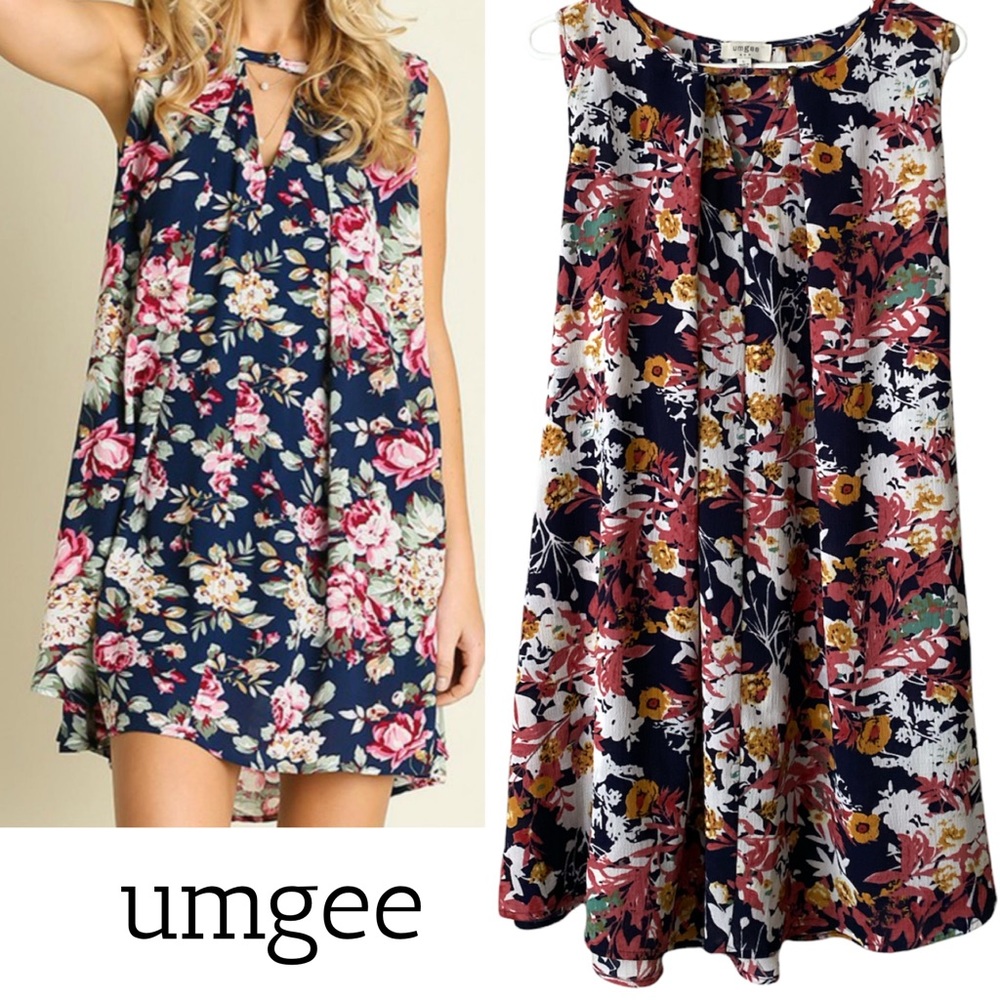 Umgee USA Floral Keyhole Mini Sleeveless Tunic Dress Size Large - Picture 1 of 9
